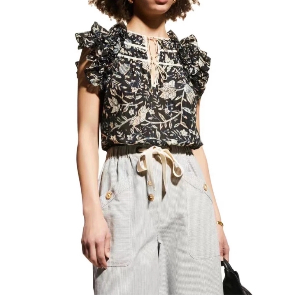Ulla Johnson Black Floral Ruffle Blouse